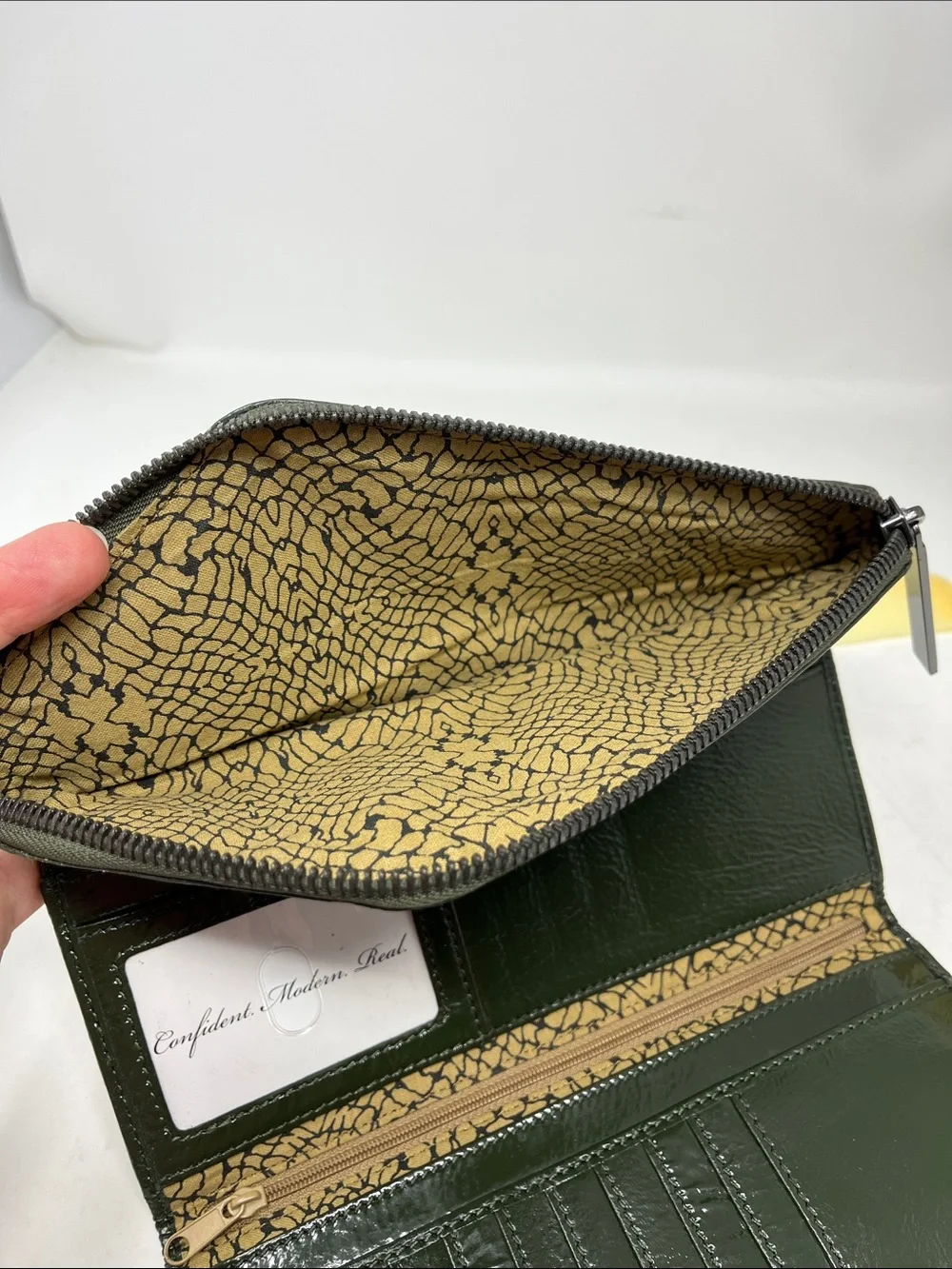 HOBO INTERNATIONAL CLUTCH WALLET ASYMMETRICAL ZIPPER PATENT LEATHER FOREST GREEN